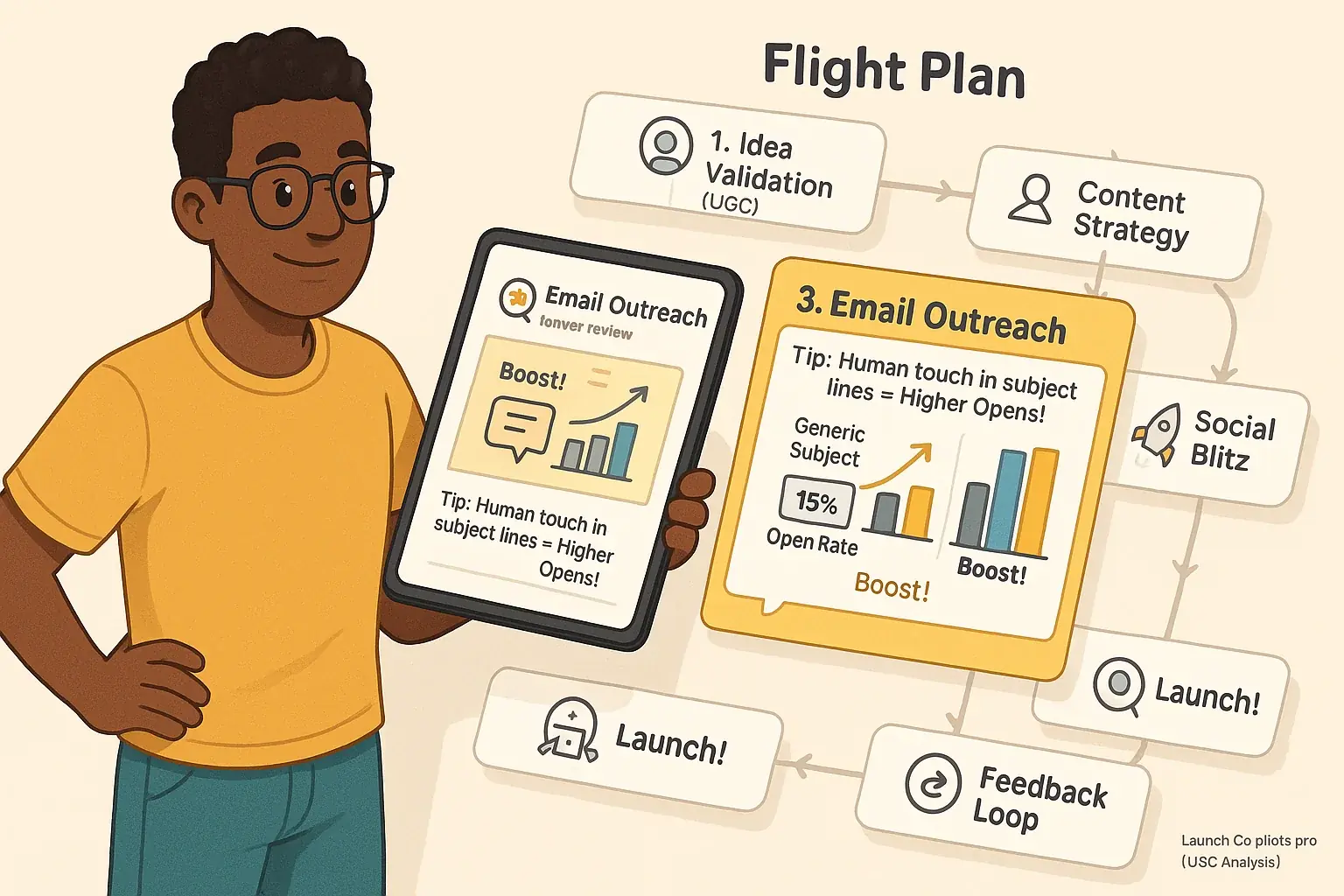 Confident indie maker holds launch flight plan, guided by co-pilot icons for content &amp; analytics.