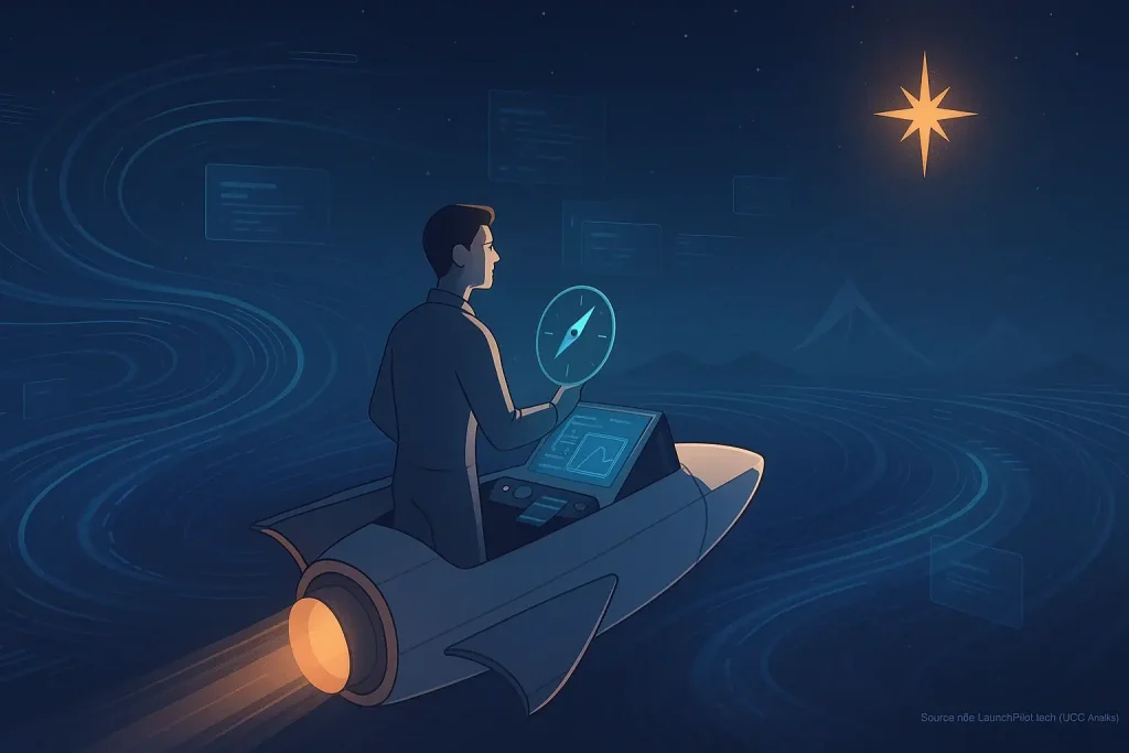 Determined solo indie maker confidently navigating a digital landscape with a compass, symbolizing their empowered journey.