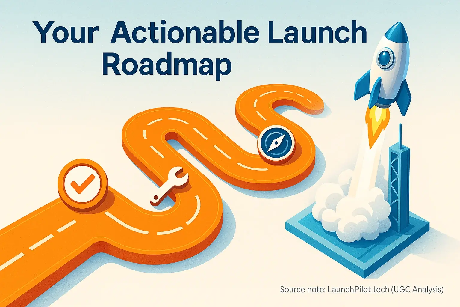 'Your Actionable Launch Roadmap': Clear path with icons (checklist, wrench) to a rocket, detailing practical launch steps.