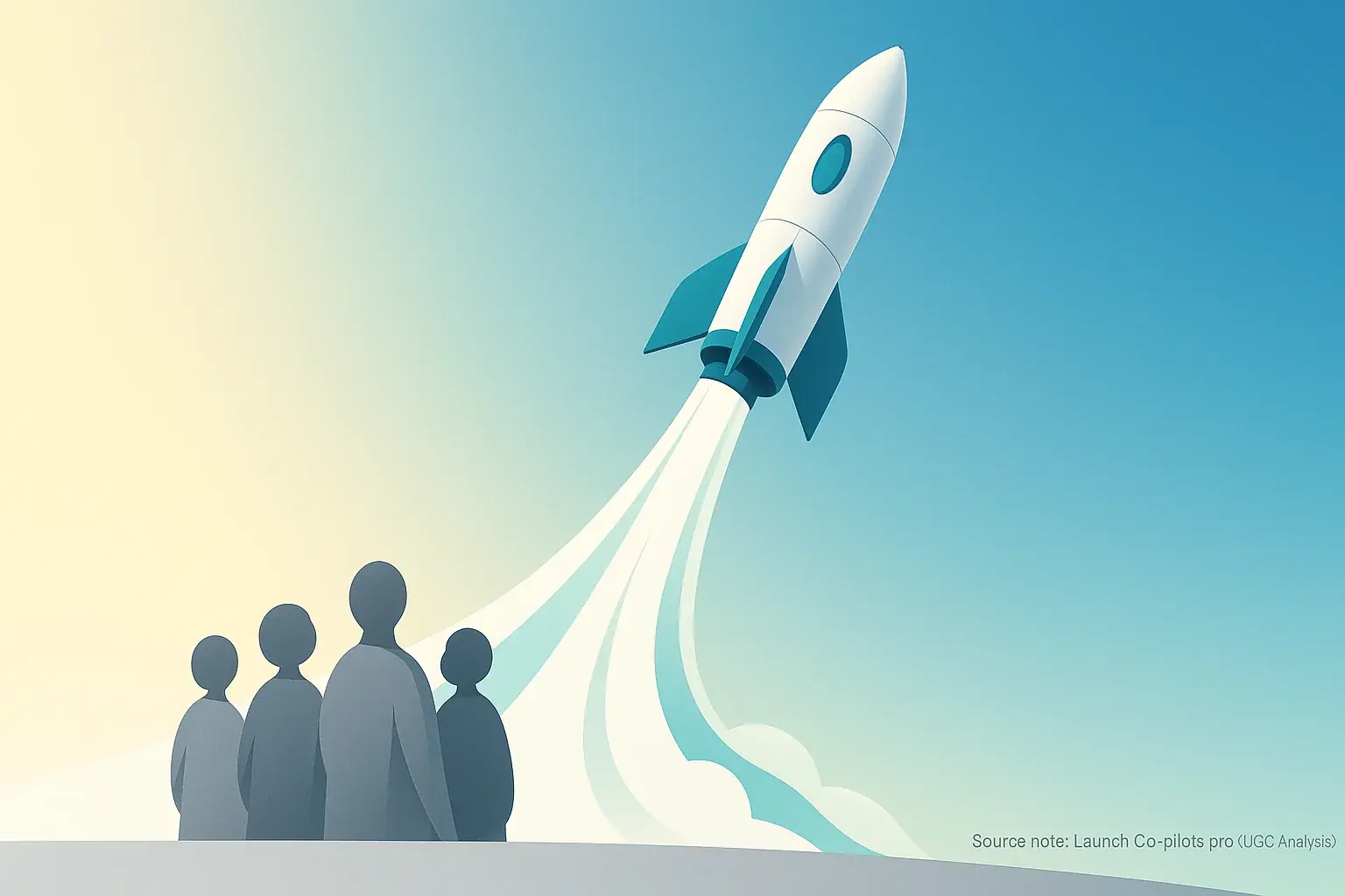 Stylized rocket launches as diverse indie makers look up, signifying their collective LaunchPilot.tech journey.
