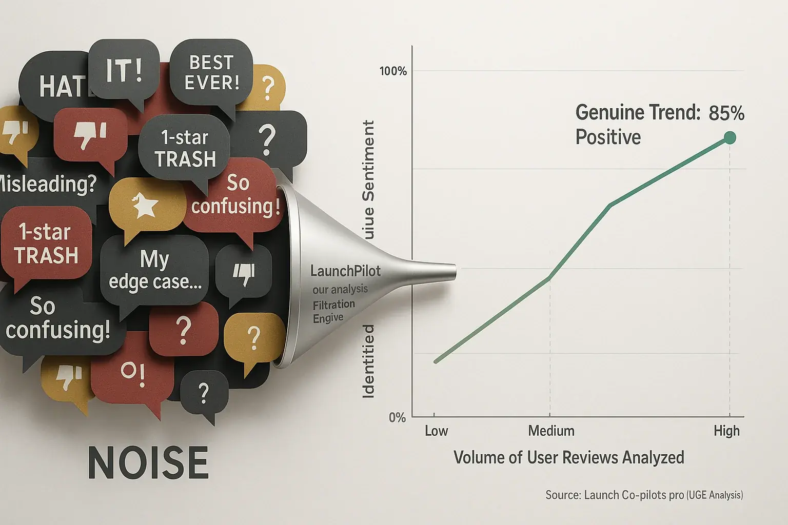 Biased review noise (chaotic speech bubbles) contrasts clear aggregated data (clean graph signal), showing true insight.