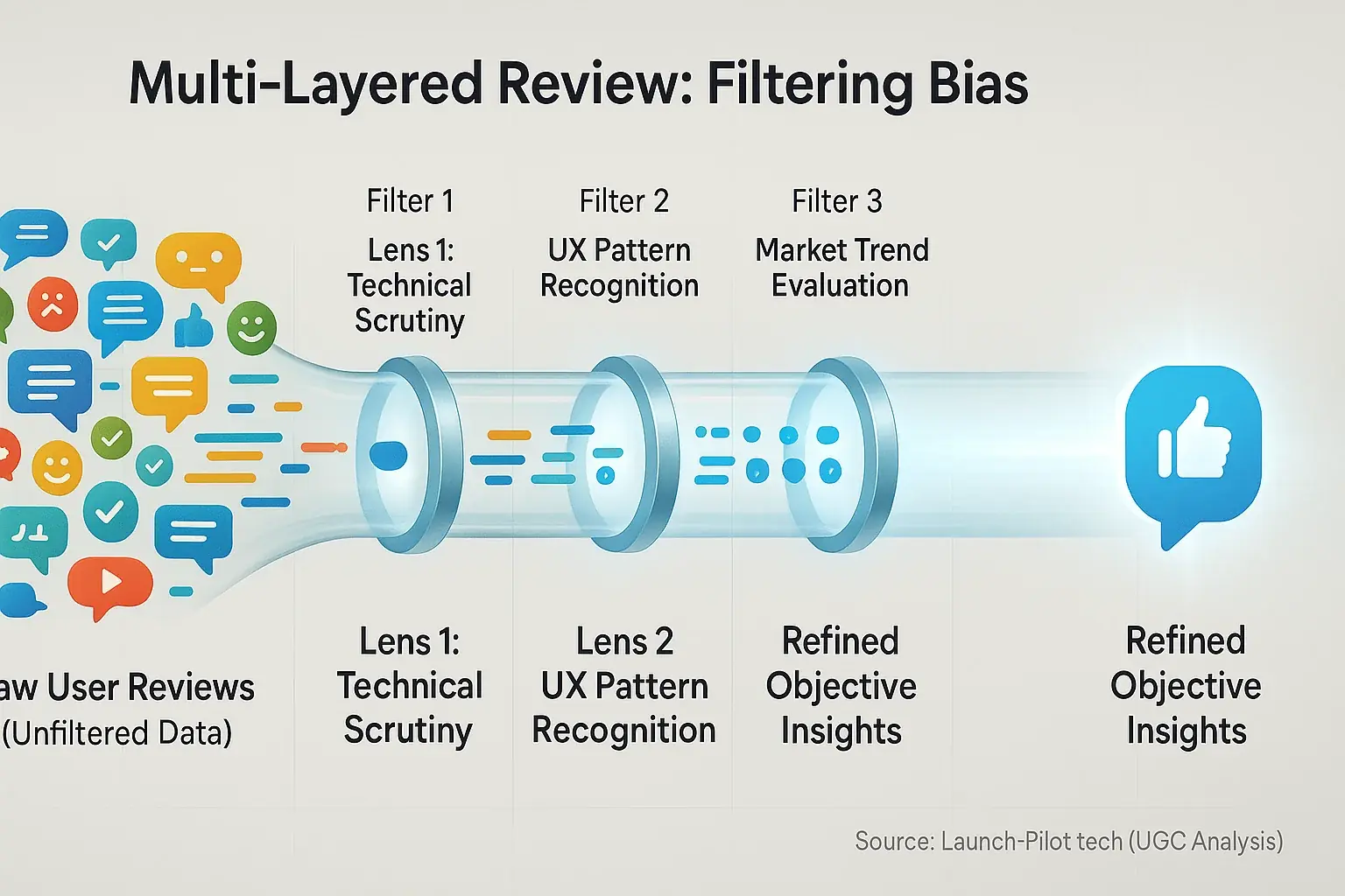 Conceptual pipeline infographic: Raw reviews refined by diverse analyst views, showing bias filtration for objective results.