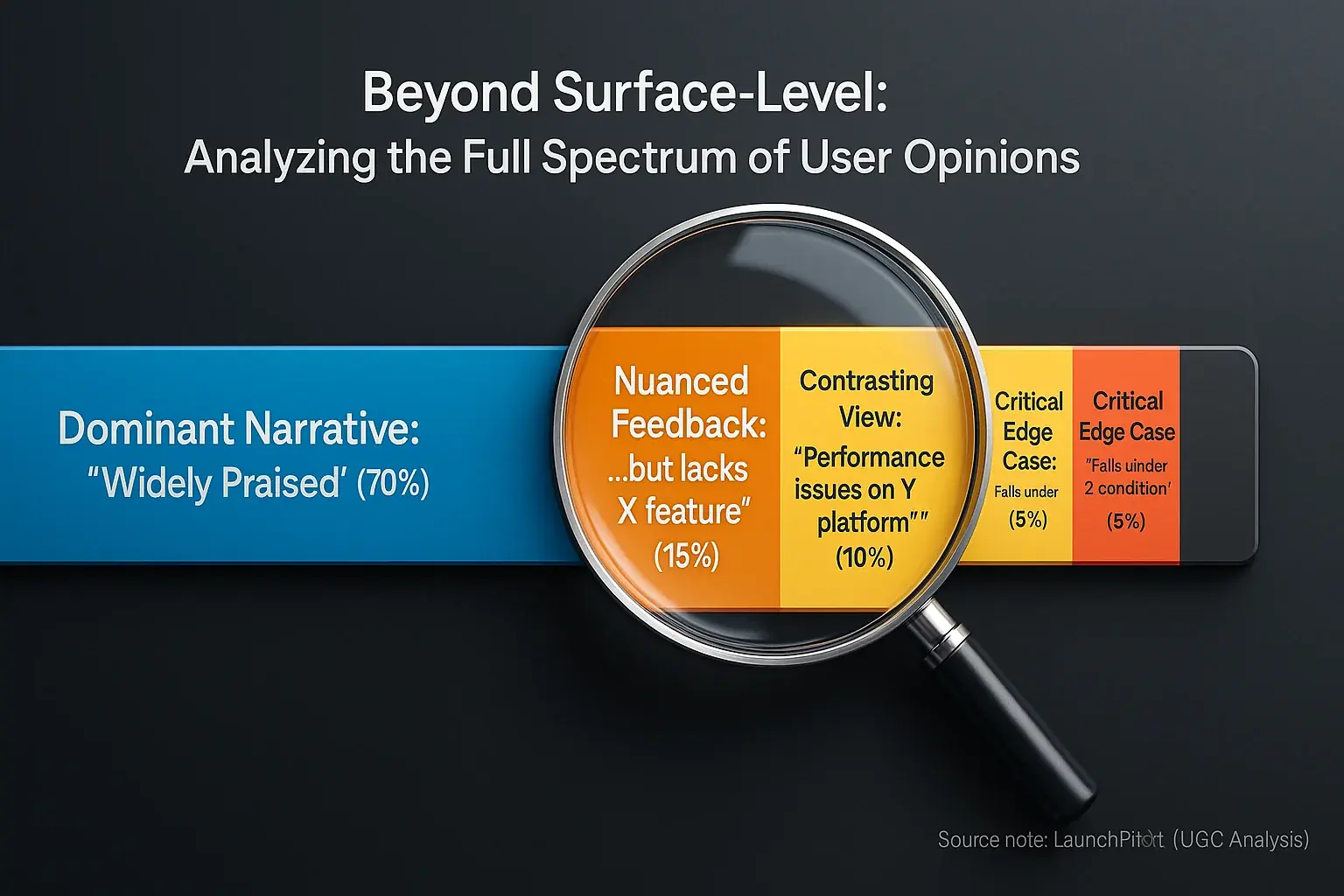 Spectrum of opinions; magnifying glass on smaller, contrasting views, showing they're actively sought & valued.