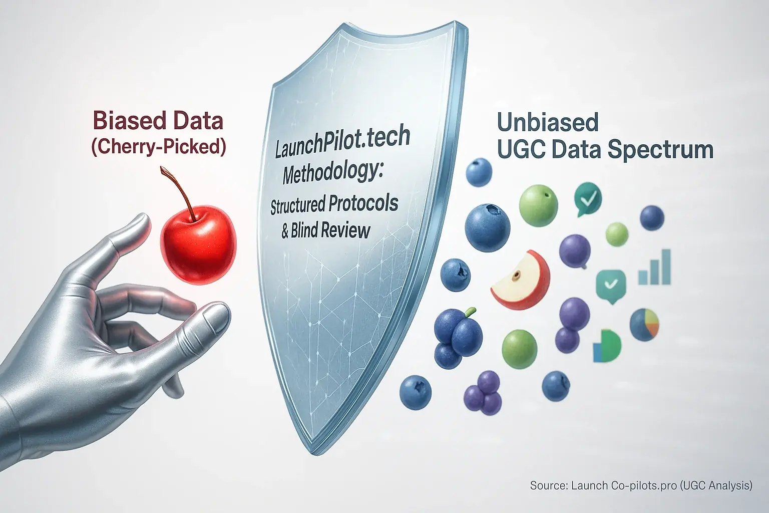 Infographic: LaunchPilot.tech's methodology, depicted as a shield, stops a hand from cherry-picking data for balanced