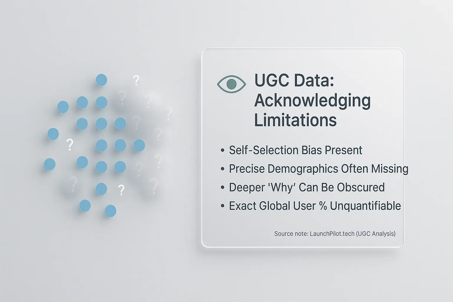 Infographic: Question marks on UGC data, with transparent overlay clarifying limitations and unknowns.