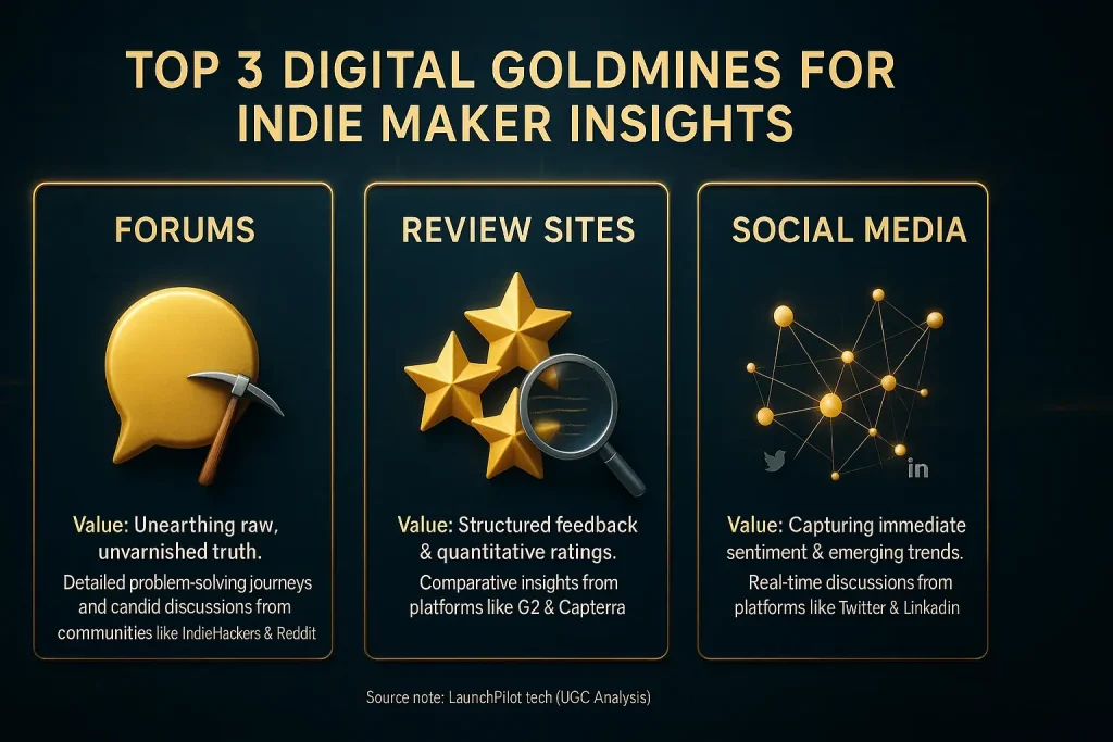 Infographic highlighting top 3 UGC sources (forums, reviews, social media) for indie insights, with icons & value.