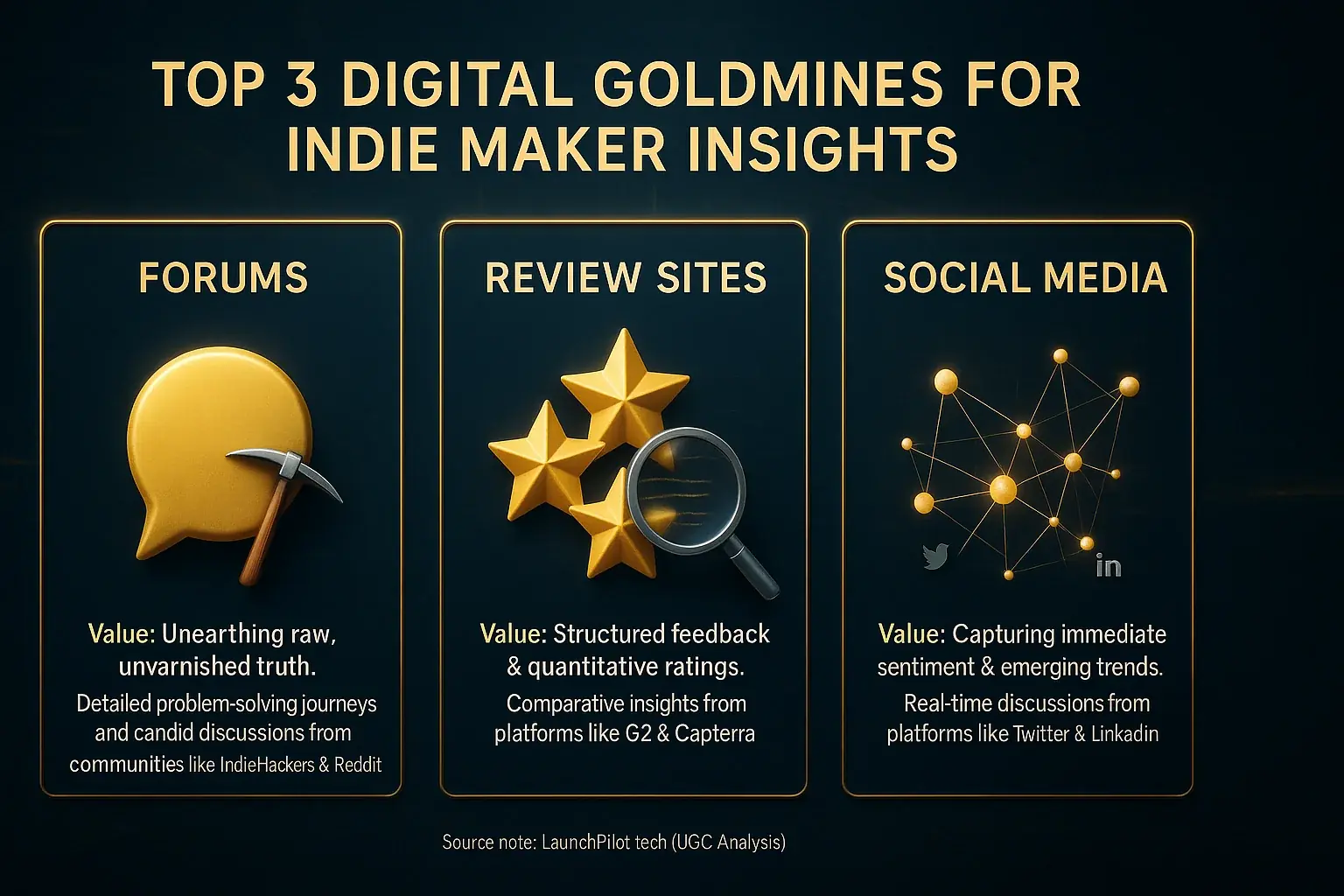 Infographic highlighting top 3 UGC sources (forums, reviews, social media) for indie insights, with icons & value.