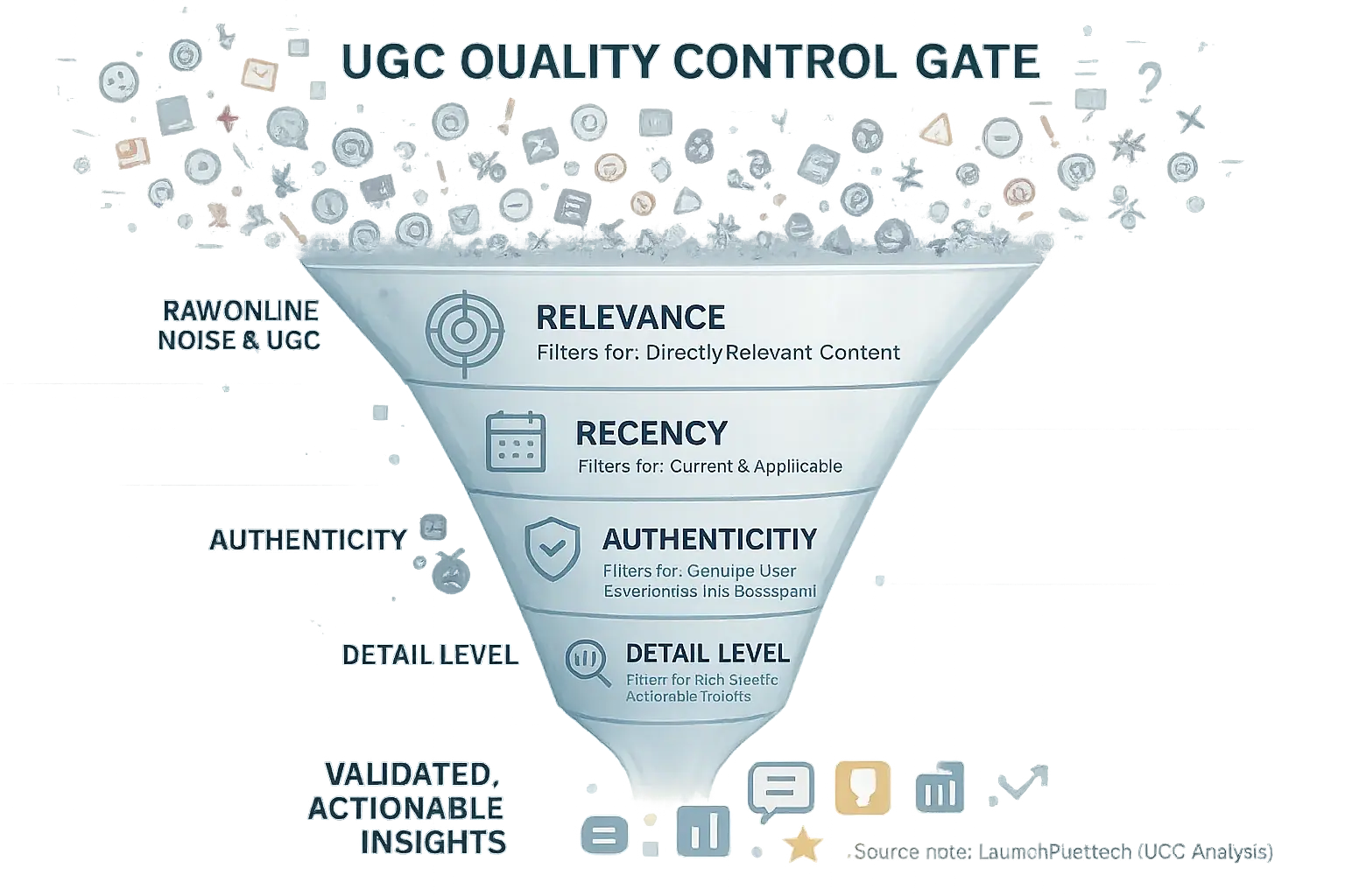 Infographic: Funnel/gate filters UGC using key criteria: relevance, recency, authenticity, detail level.