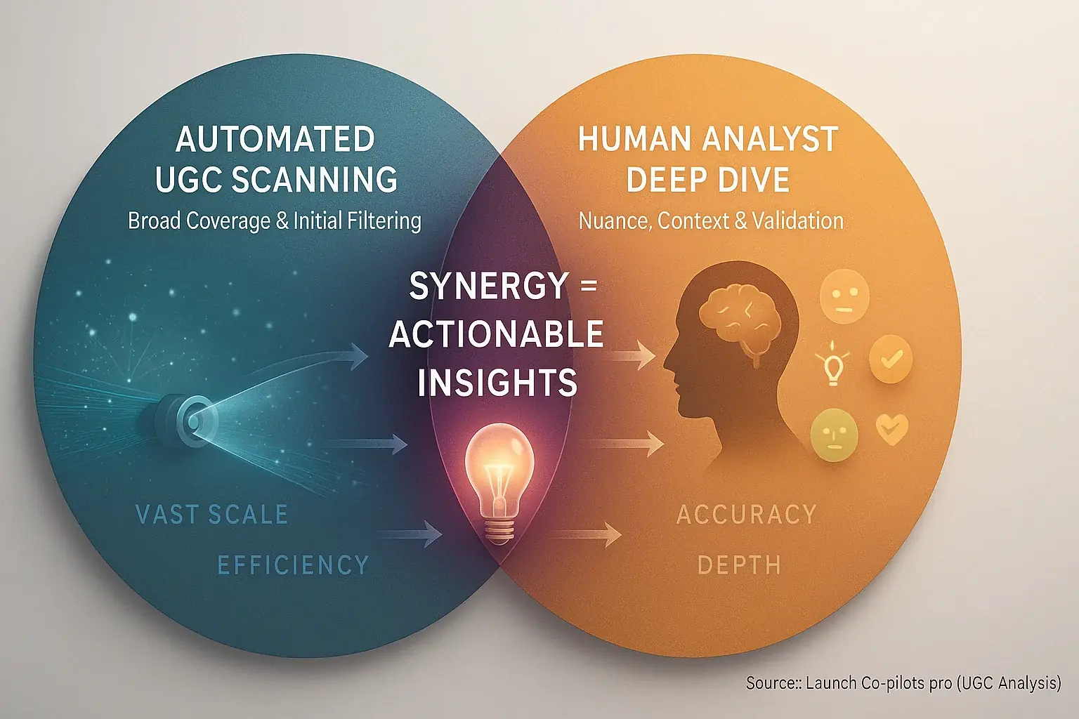 Diagram: Two-part flow shows automated UGC scanning (broad) and human analysis (deep/nuance), highlighting their synergy.