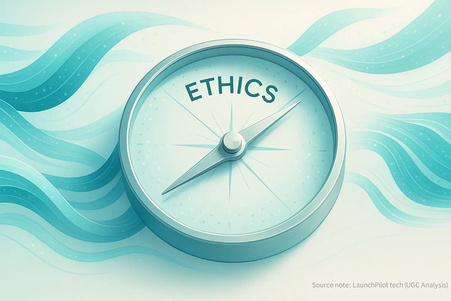 Stylized compass labeled 'Ethics', navigating abstract data streams, representing responsible UGC sourcing.