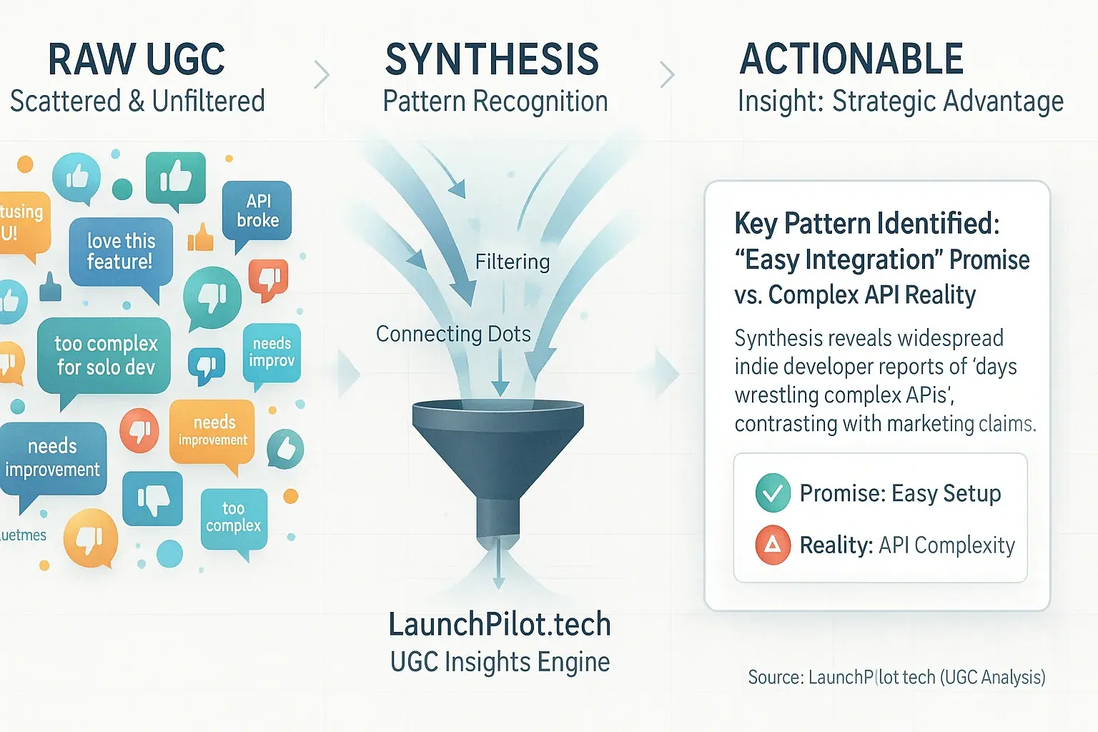 Infographic: Journey from raw, chaotic reviews to organized data & clear, actionable insights via synthesis.