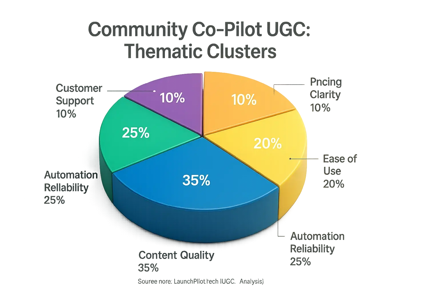 Pie chart: Co-pilot UGC thematic clusters (Content Quality, Automation, Ease of Use, Support, Pricing) by percentage.