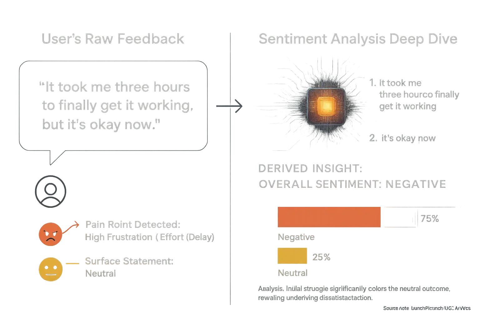 Infographic: 'It works' (neutral) vs. 'It works, finally!' (positive) shows how sentiment analysis uncovers emotional feel.