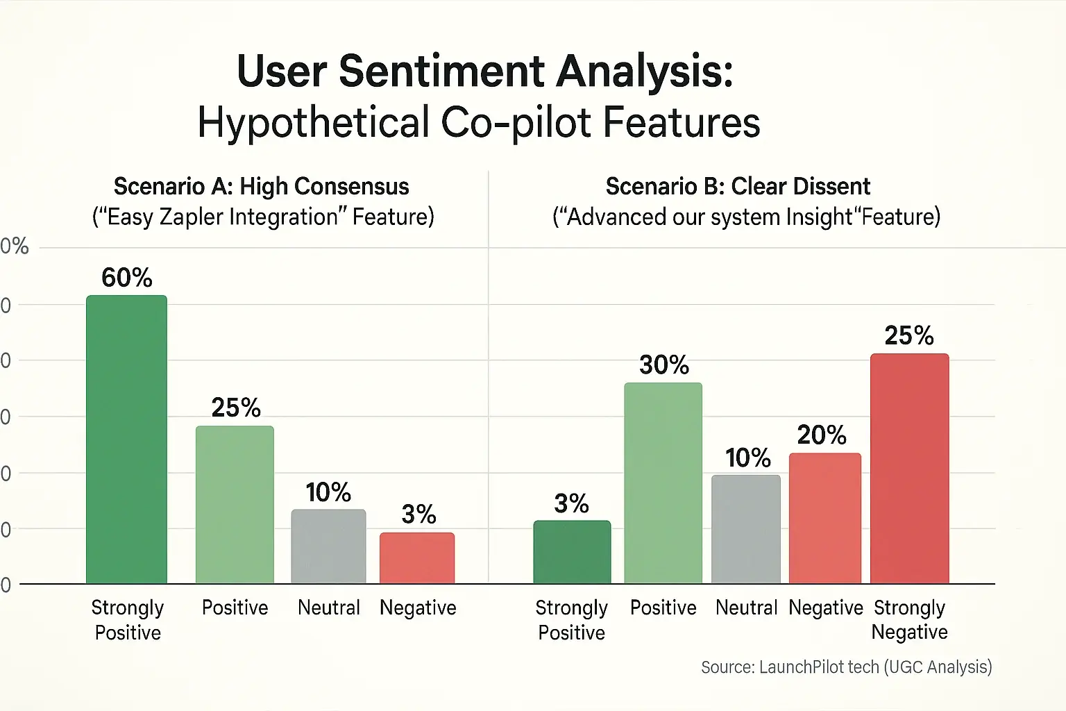 Bar chart: Sentiment for co-pilot feature. Tall bars at extremes show consensus; distributed bars show dissent in feedback.