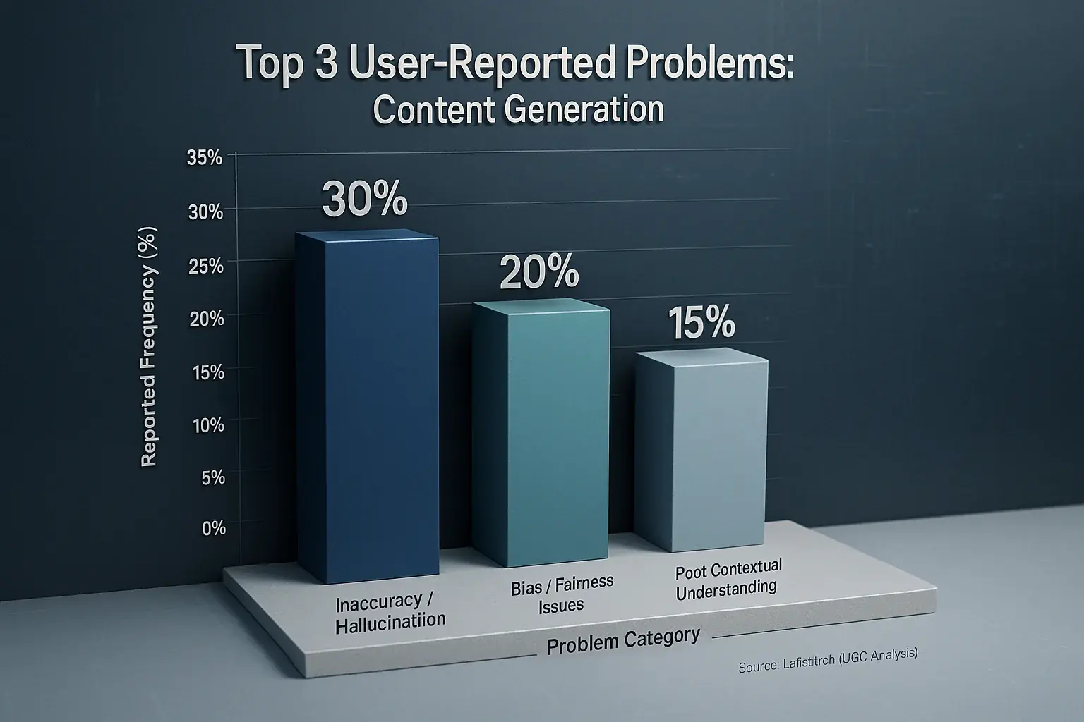 Bar chart: Frequencies of top 3 user issues: Generic Output, Brand Voice Mismatch, Needs Heavy Edits, for data insights.