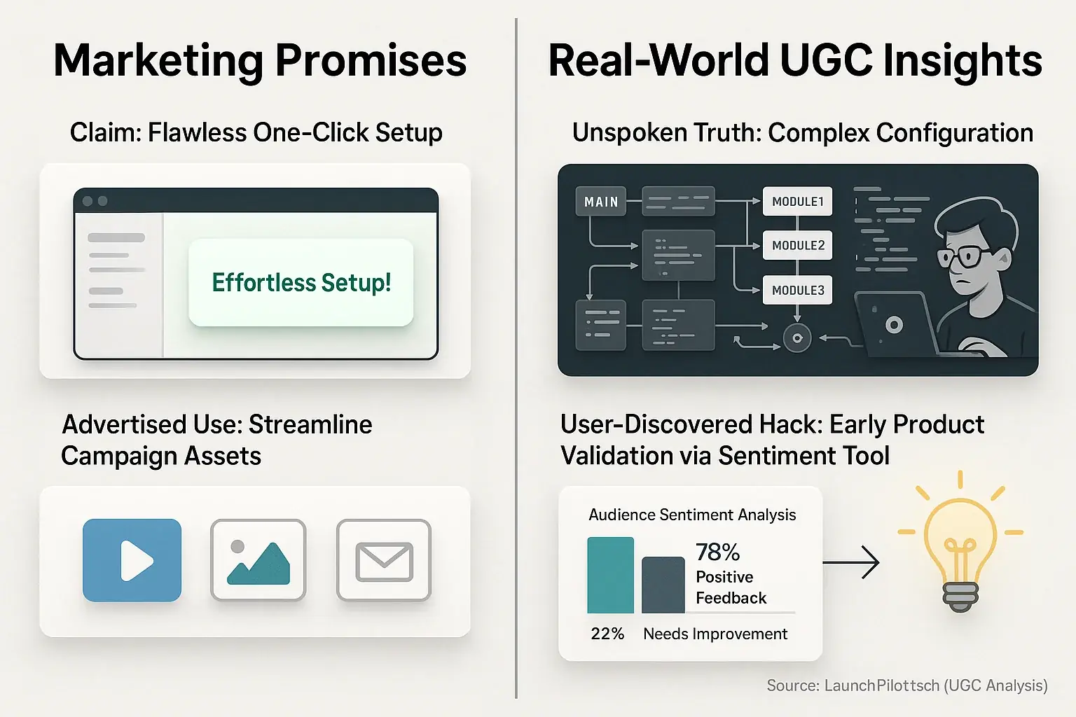 Split-screen infographic: Shiny marketing promises versus gritty, real-world indie truths.