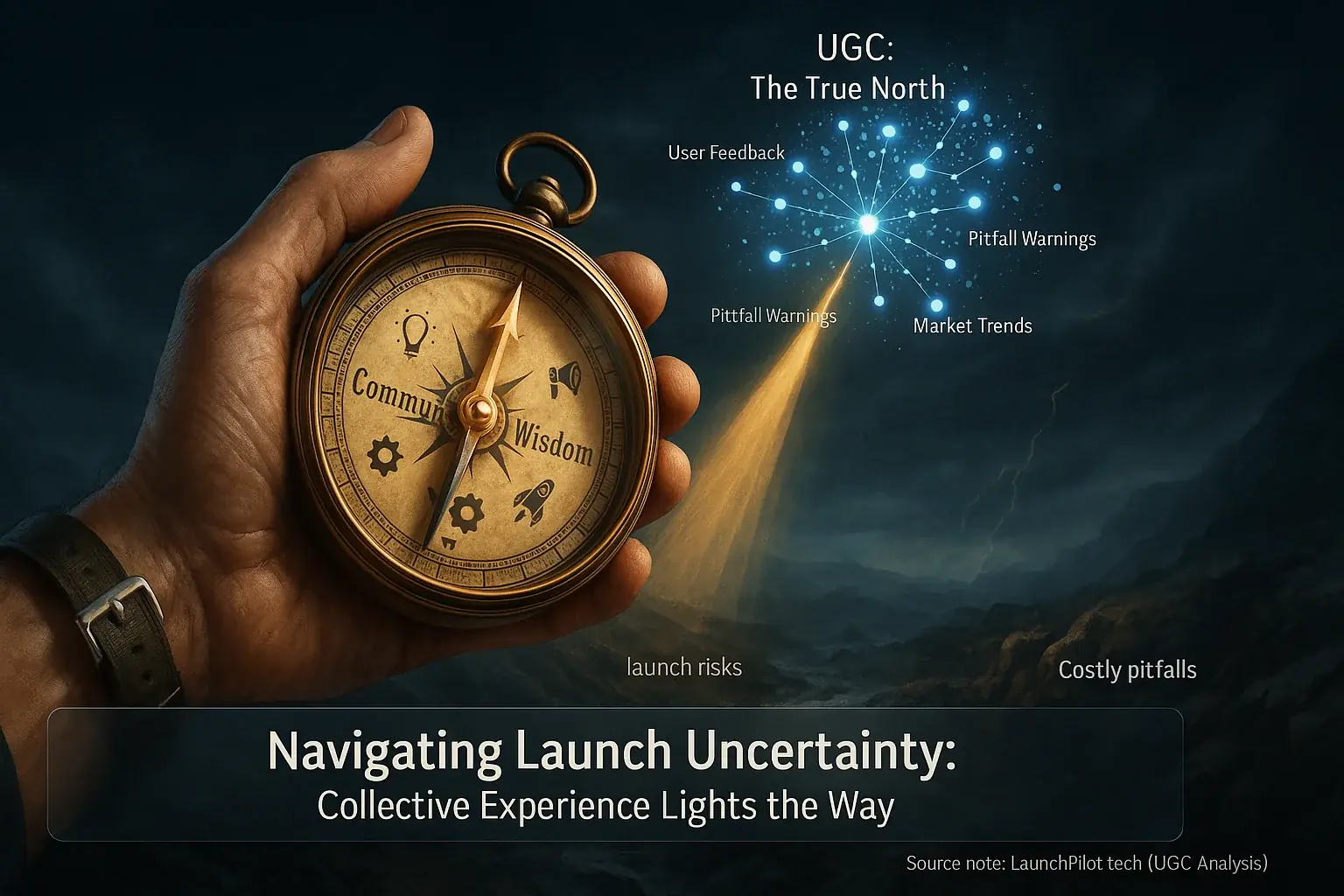 Compass with 'Community Wisdom' needle, UGC data its guiding North, steers indie makers through stormy launches to success.