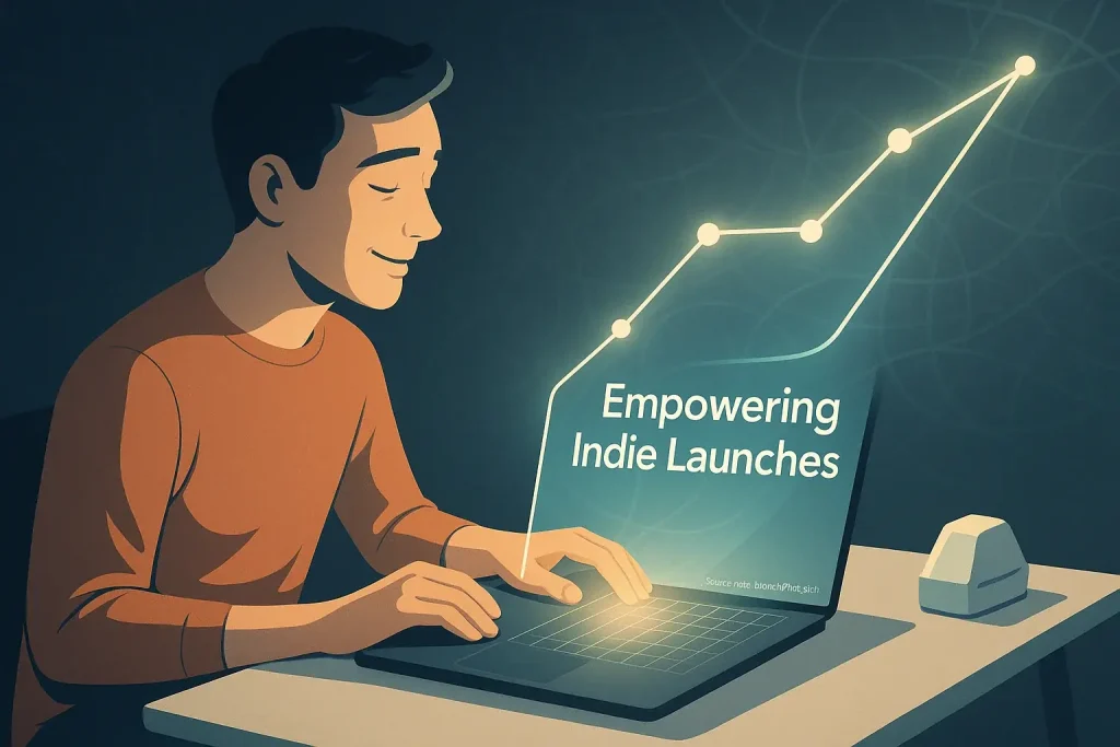 Indie maker with laptop, guided by a glowing reviews display. 'Empowering Indie Launches' text shows LaunchPilot's mission.