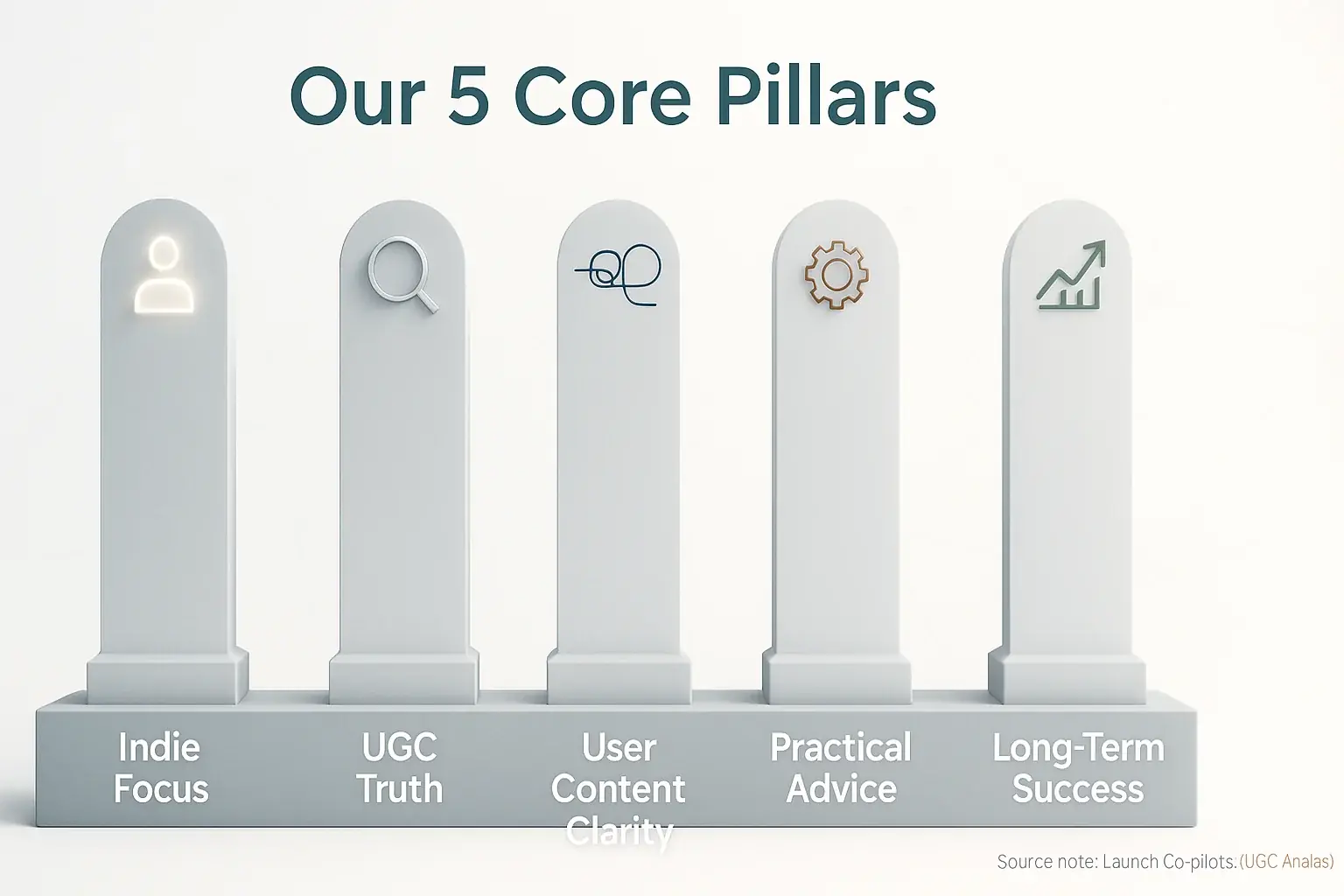 Five interconnected pillars with icons, representing LaunchPilot.tech's core values: Indie Focus, UGC Truth, Clarity,