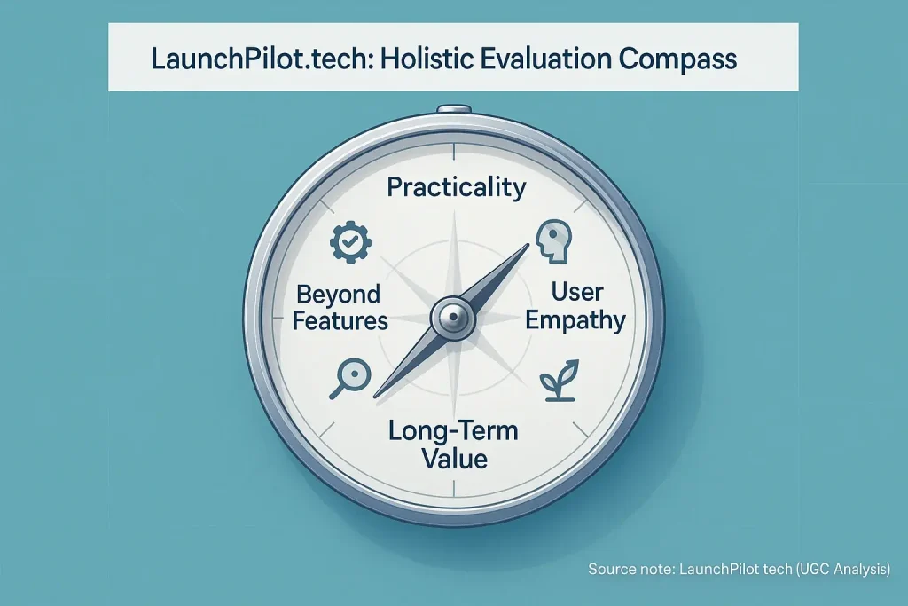 LaunchPilot's Holistic Evaluation Compass guides feedback with 4 pillars: Practicality, User Empathy, Long-Term Value,