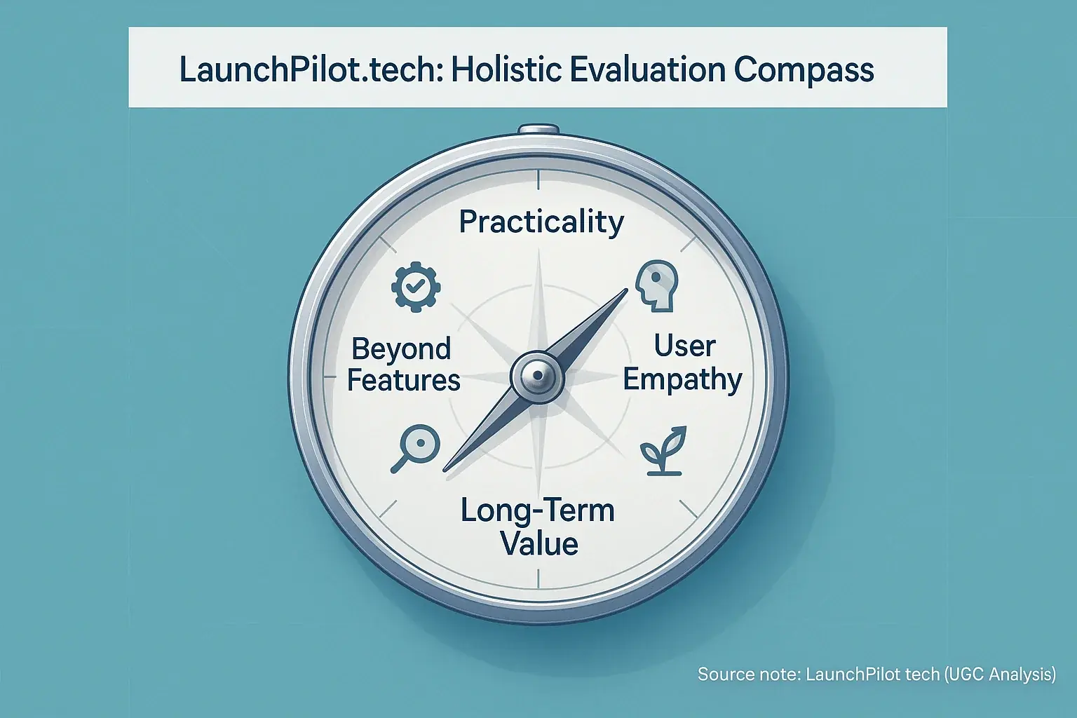LaunchPilot's Holistic Evaluation Compass guides feedback with 4 pillars: Practicality, User Empathy, Long-Term Value,