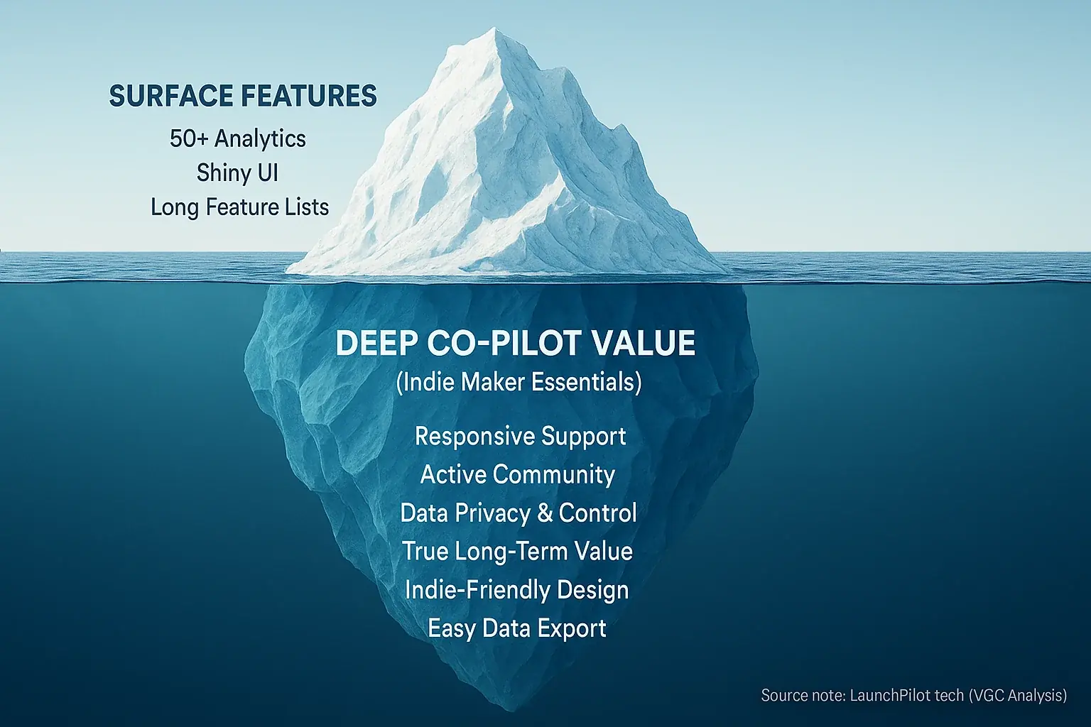 Iceberg: Co-pilot value analysis. Visible features above; crucial hidden factors (support, community, privacy) below matter