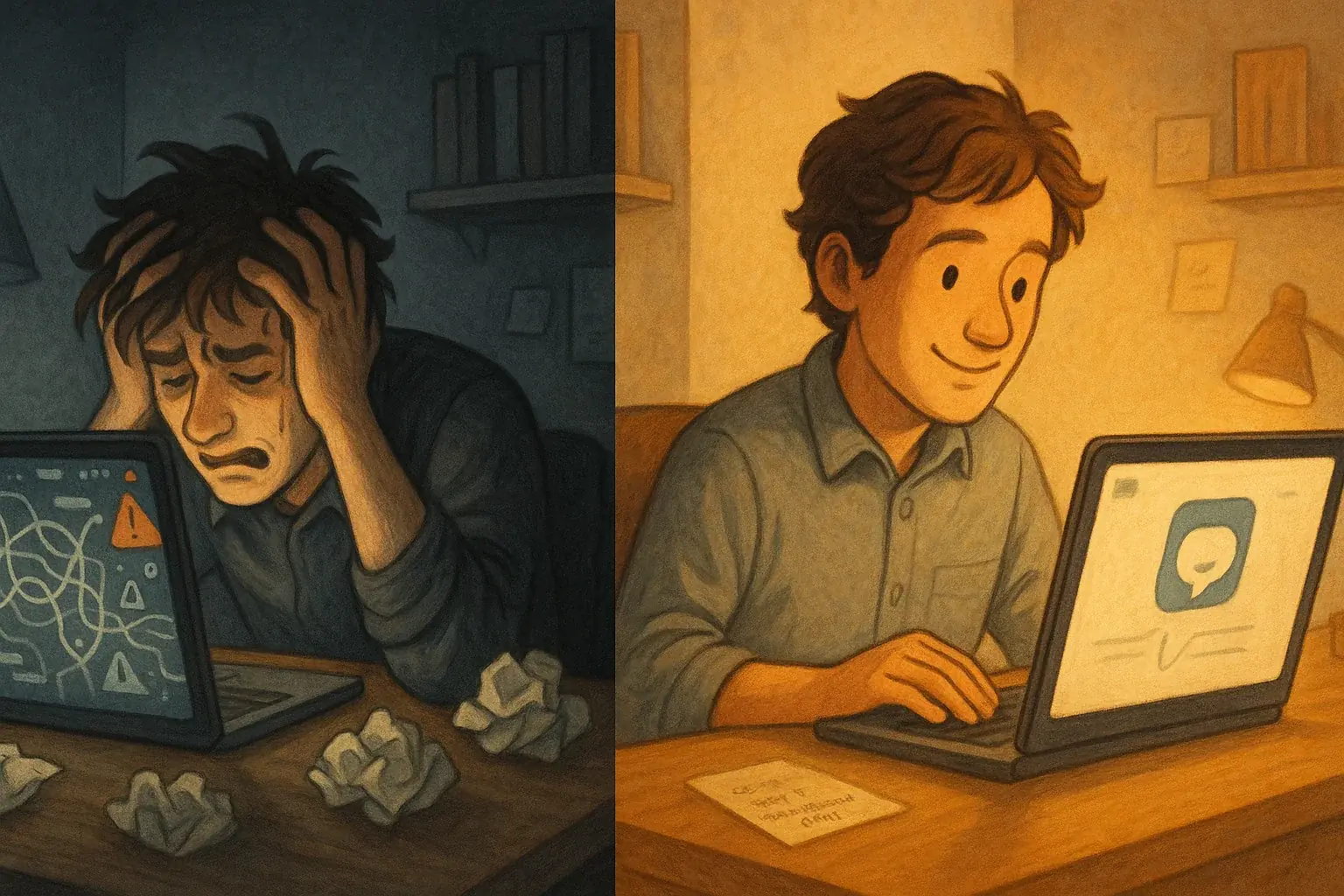 Stylized indie maker's emotional journey: stressed at PC to co-pilot relief, showing empathy for indie creators.