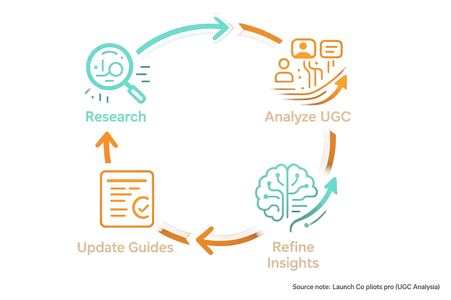 Continuous learning loop: Research, Analyze UGC, Refine Insights, Update Guides, evolving with user-generated team feedback.
