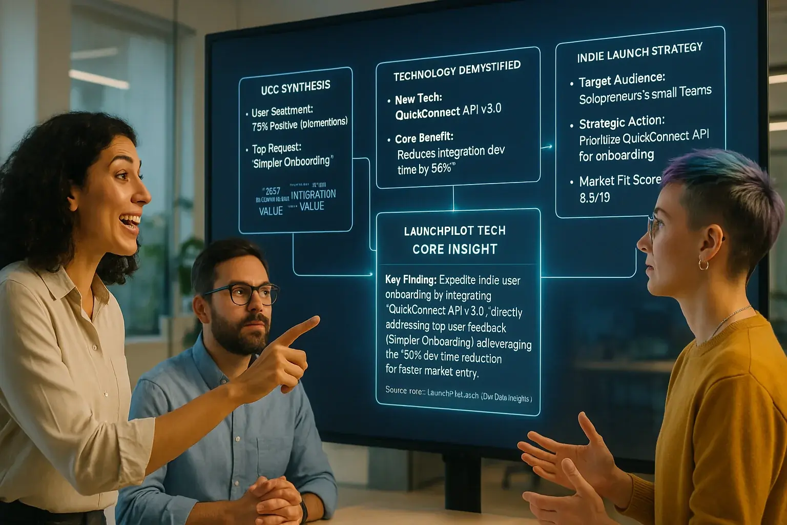 Diverse core analysts collaborate; one pinpoints insights on a data-rich digital whiteboard.