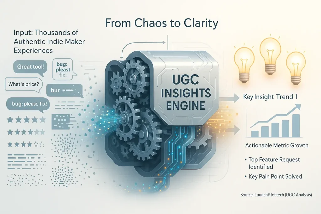 'UGC Insights Engine' infographic: chaotic UGC (bubbles, stars) processed into clear insights (lightbulbs), depicting 'From