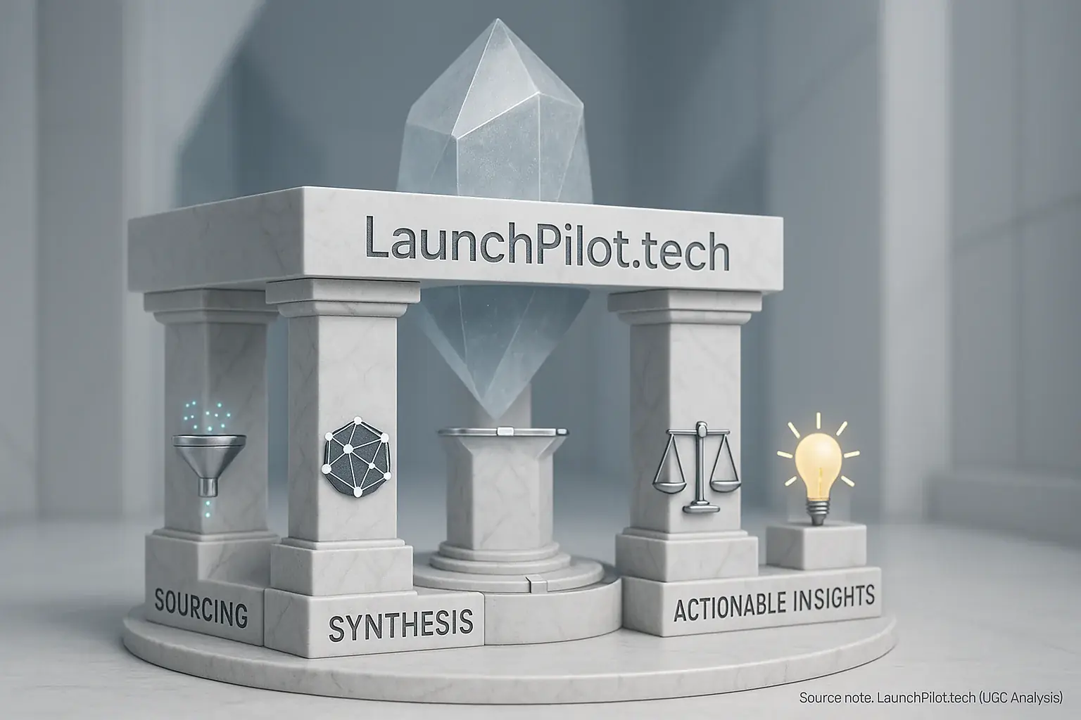 Four pillars: Sourcing, Synthesis, Objectivity, Actionable Insights, supporting the LaunchPilot.tech UGC insights engine.
