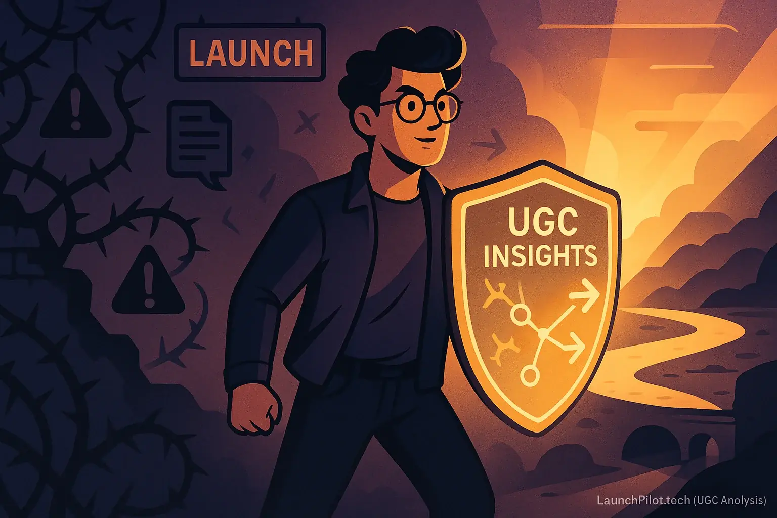 Indie maker wields glowing UGC Insights shield, easily navigating complex launch, proving UGC as a superpower.