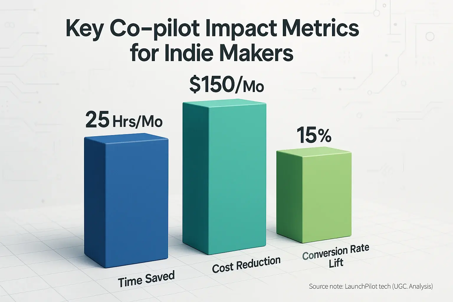 Bar chart: Key indie maker KPIs boosted by co-pilots: Time Saved, Cost Reduction, and Conversion Rate Lift.