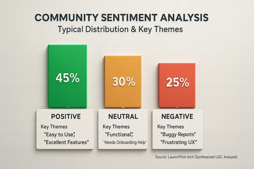 Bar chart: User comment sentiment (Positive, Neutral, Negative) & key themes, an early warning of community feedback trends.