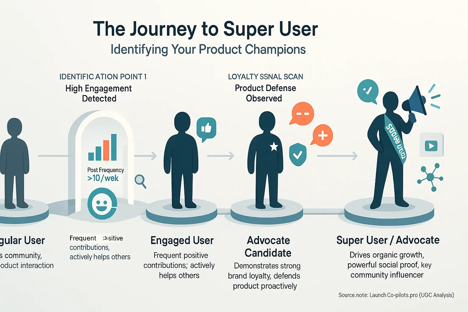 Infographic: User journey to super advocate via high engagement, positive mentions, and helpful community replies.
