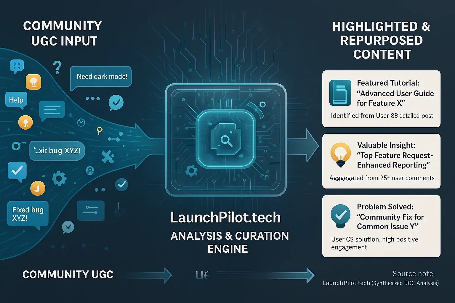 Flowchart: UGC from community is analyzed, curated, and highlighted as valuable posts.