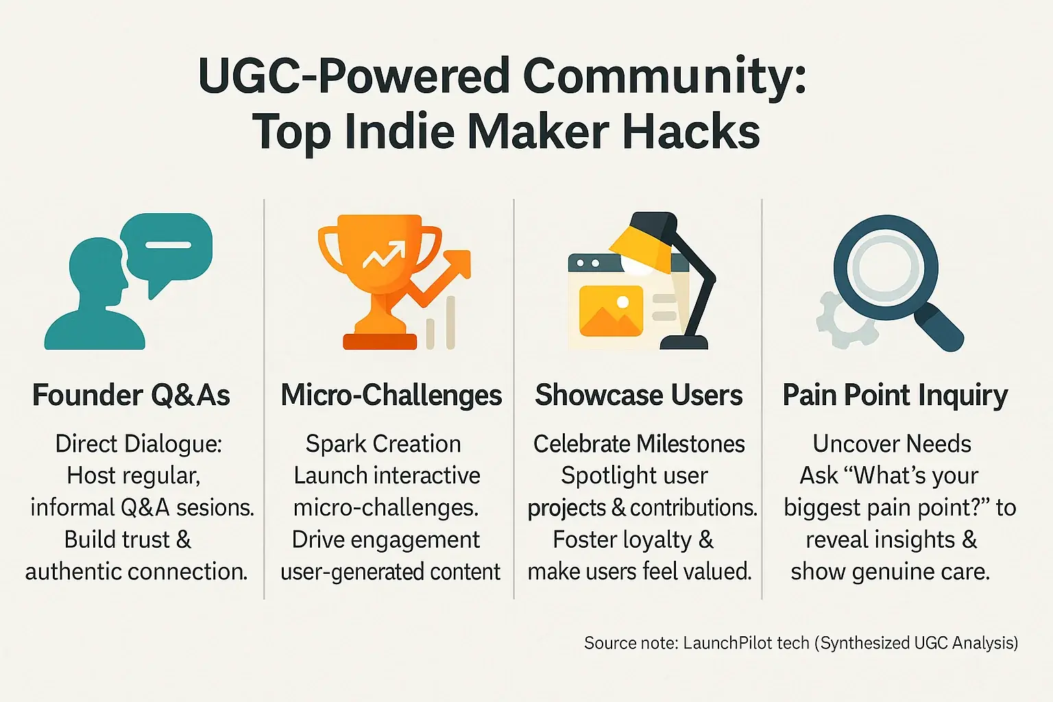 Infographic: LaunchPilot.tech&#x27;s UGC hacks for indie community building (Q&amp;As, challenges, showcases) using icons &amp; text.