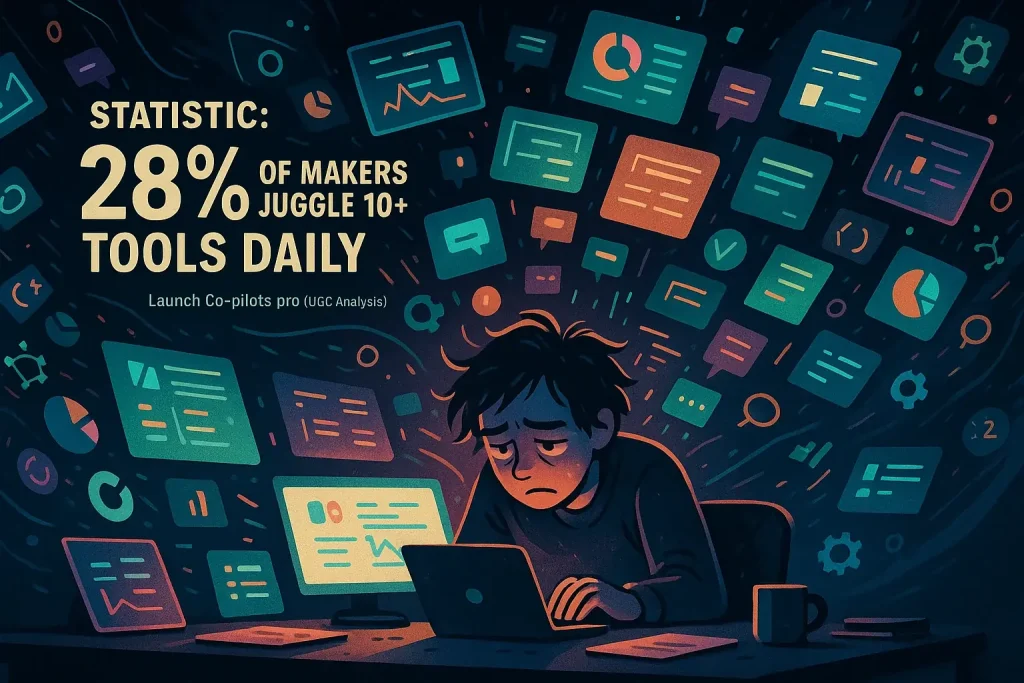 Small, stressed indie maker engulfed by glowing screens & review tool icons, shows tool fatigue & stats: high avg tools used.