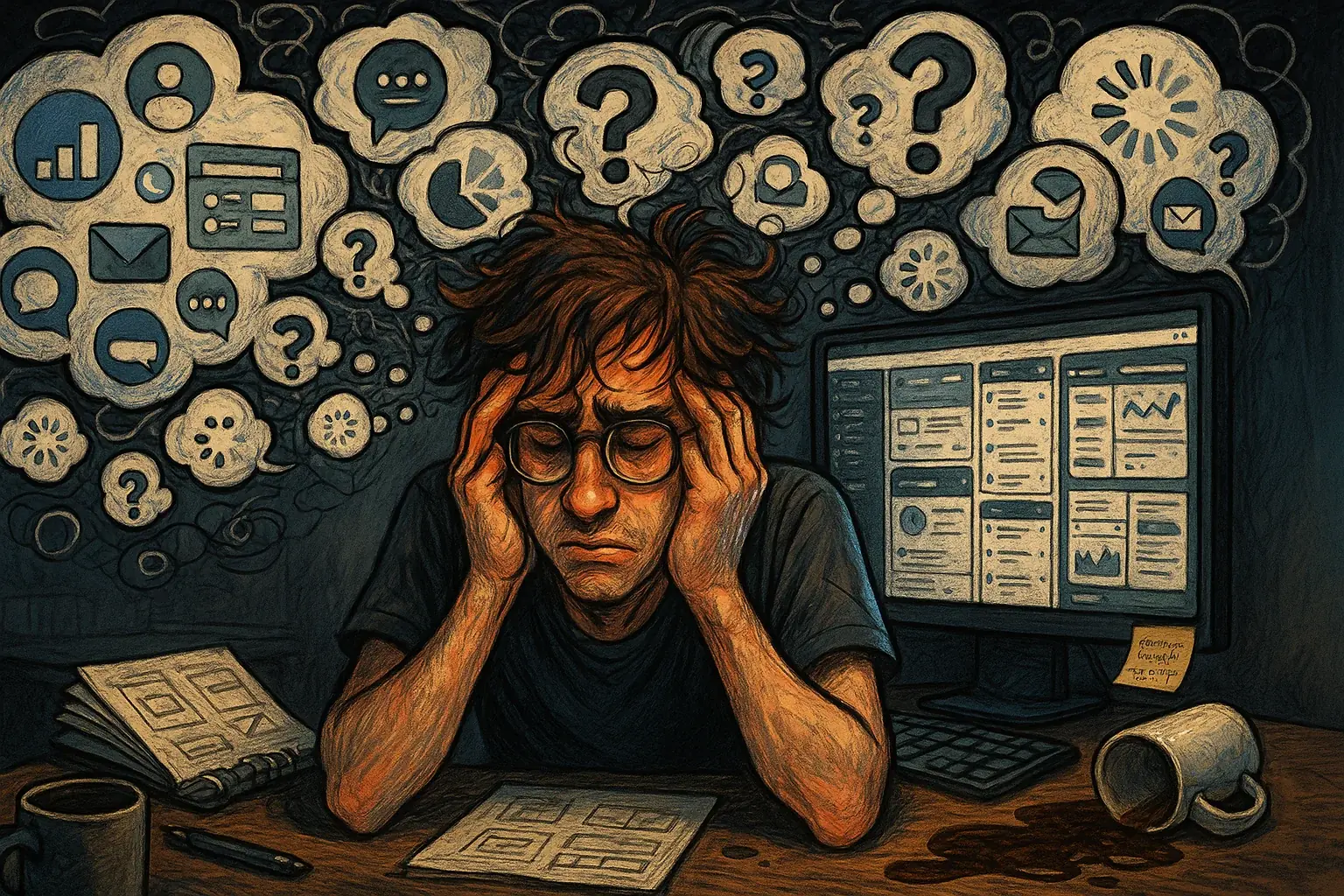 Exhausted indie maker rubs temples; thought bubbles of feedback tools &amp; questions depict burnout.