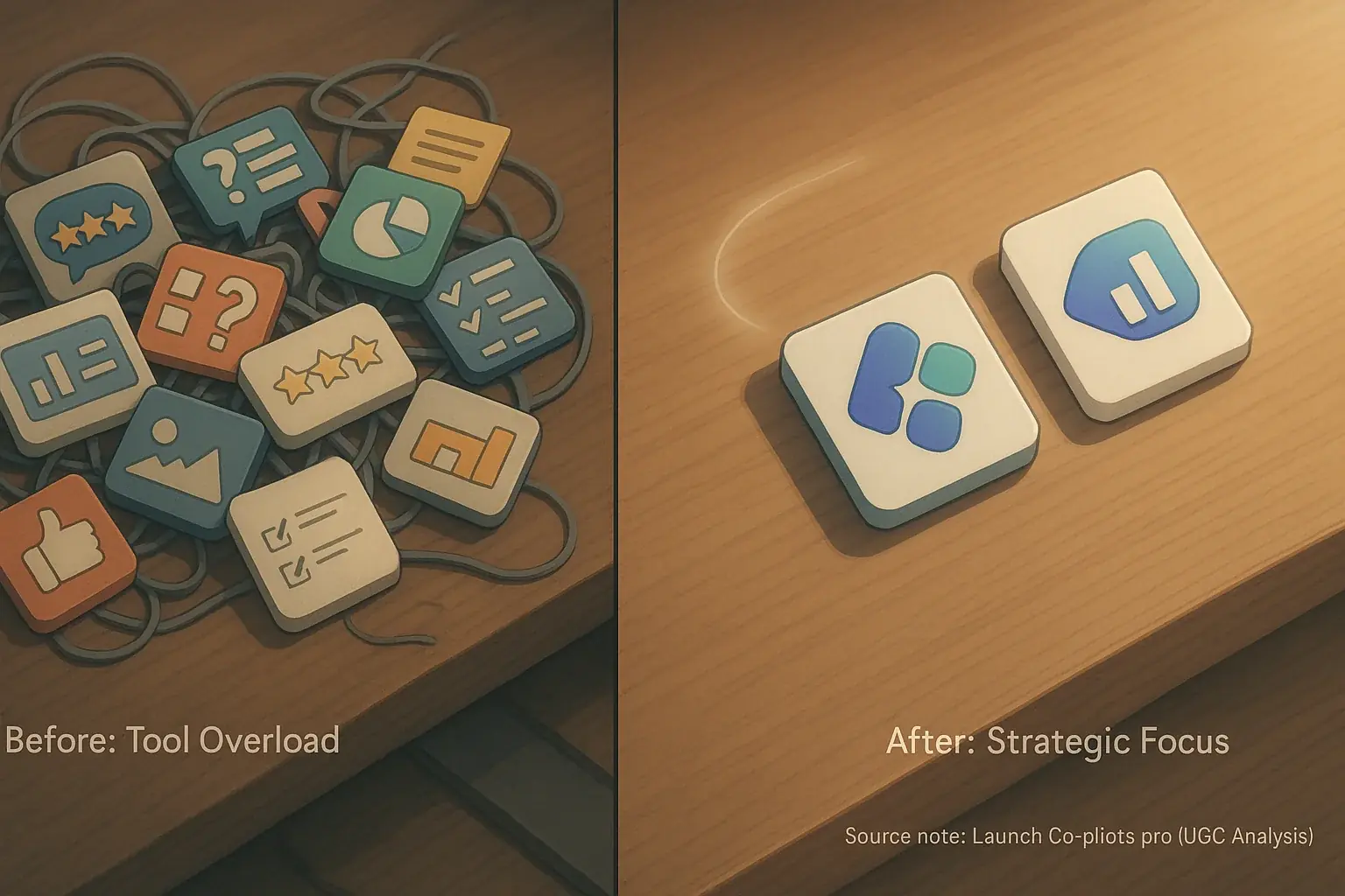 Before: Cluttered desk, many review tool icons. After: Minimalist desk, few essential tools, simplifying feedback stack.