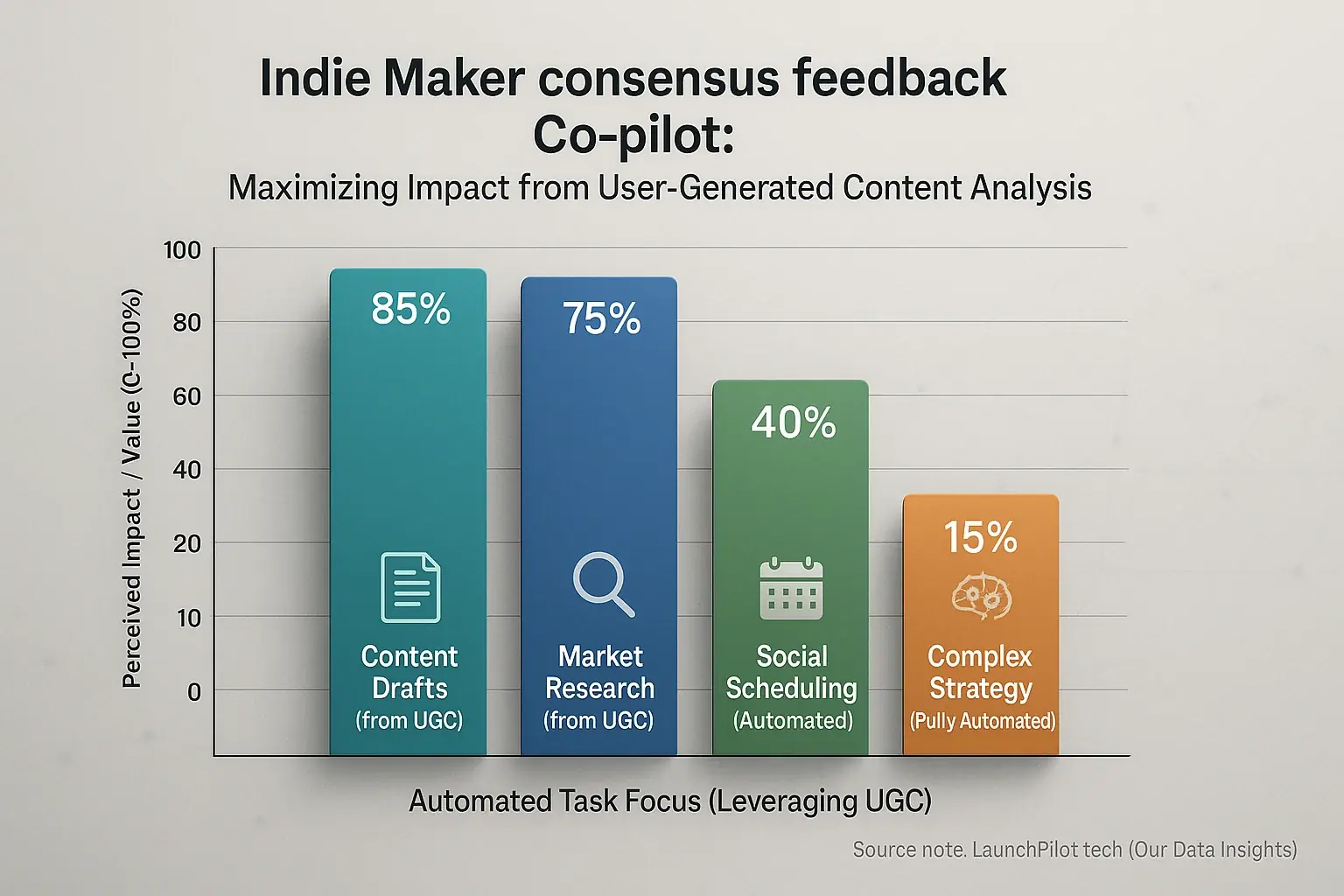 Bar chart comparing automated tasks (e.g., Content Drafts, Strategy) to reveal high-impact priorities for indie makers from