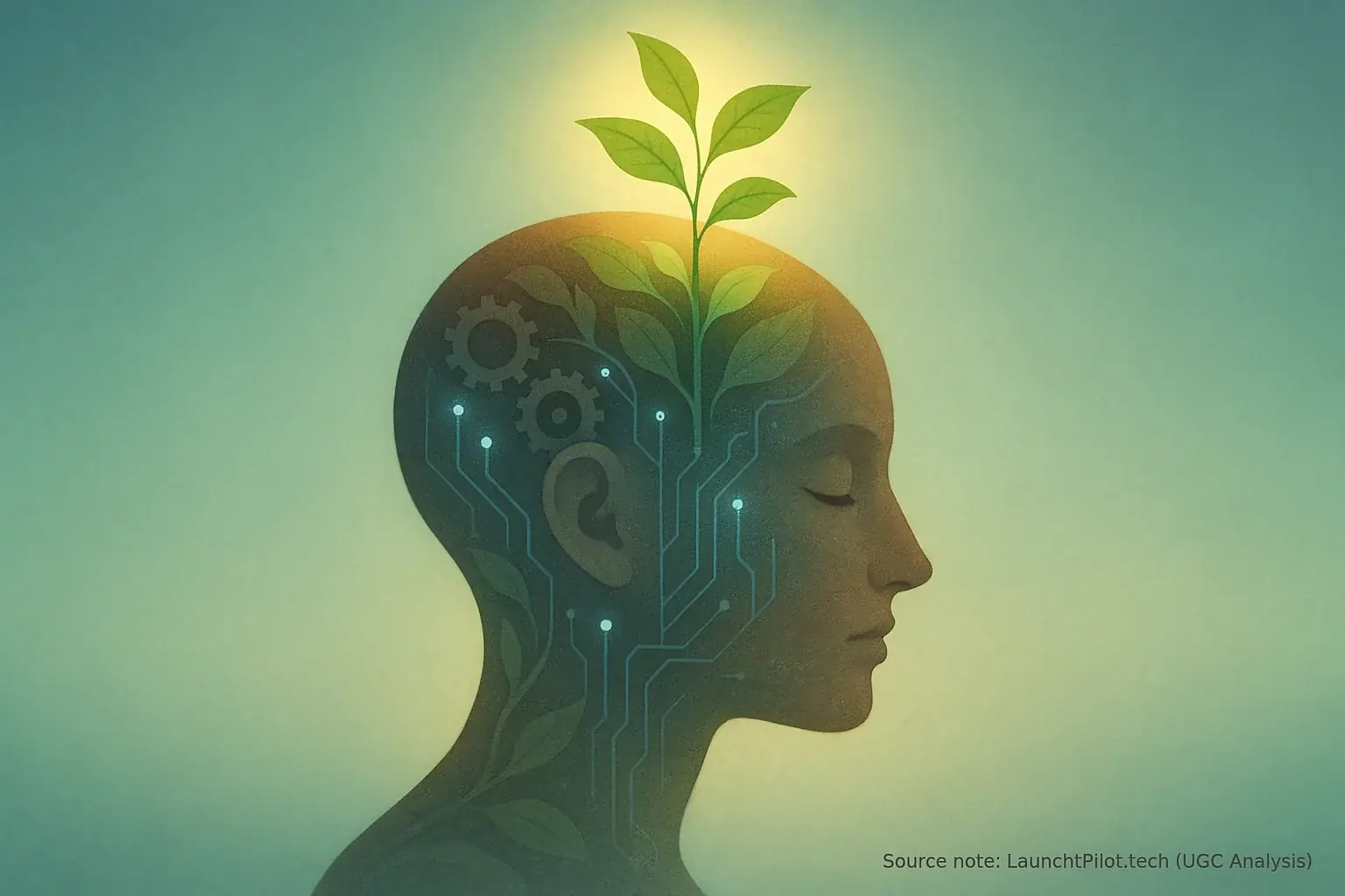 Stylized brain with tech gears (tools) and a balancing plant, showing mental well-being beyond tools for indie makers.