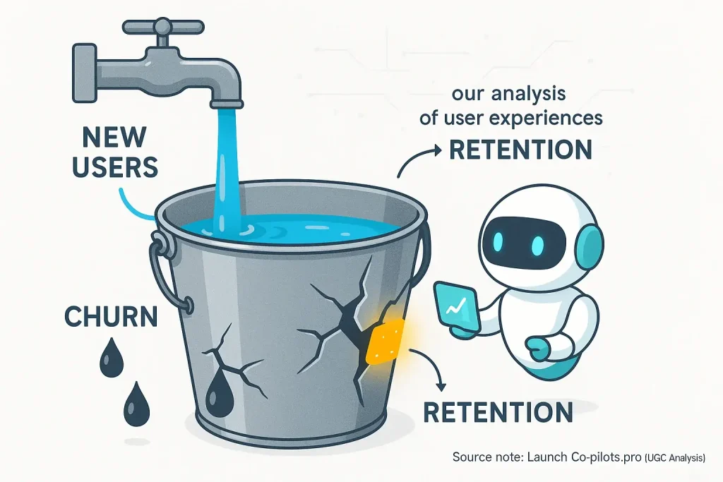 Leaky bucket infographic: customer churn. Retention, with reviews co-pilot, patches leaks to fill the bucket.