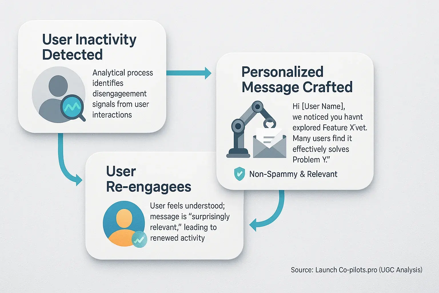 Flowchart: Inactivity detected, feedback shows co-pilot crafts personalized, non-spammy message, user re-engages.