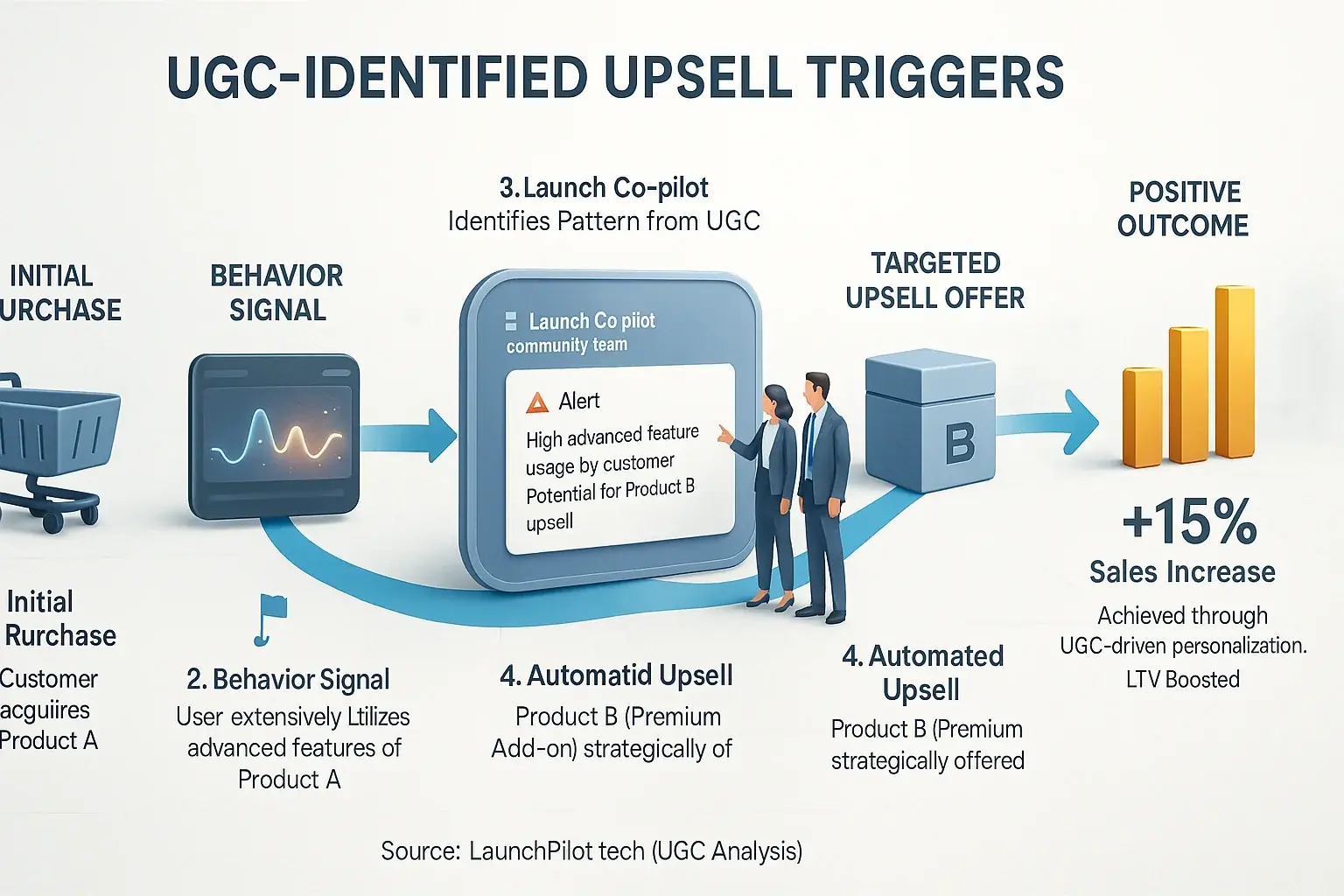 Infographic: Customer journey flow. UGC consensus uncovers hidden upsell/cross-sell triggers for LTV.