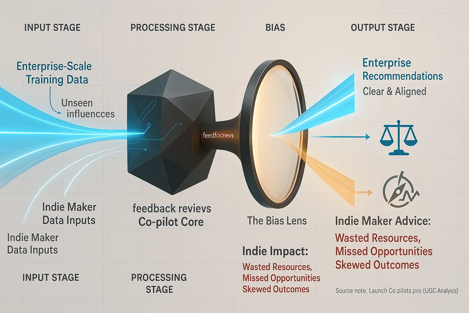 Infographic: Feedback model shows &#x27;Unseen Influences&#x27; as a bias blindspot, creating &#x27;Skewed Outcomes&#x27; with &#x27;Indie Impact&#x27;.