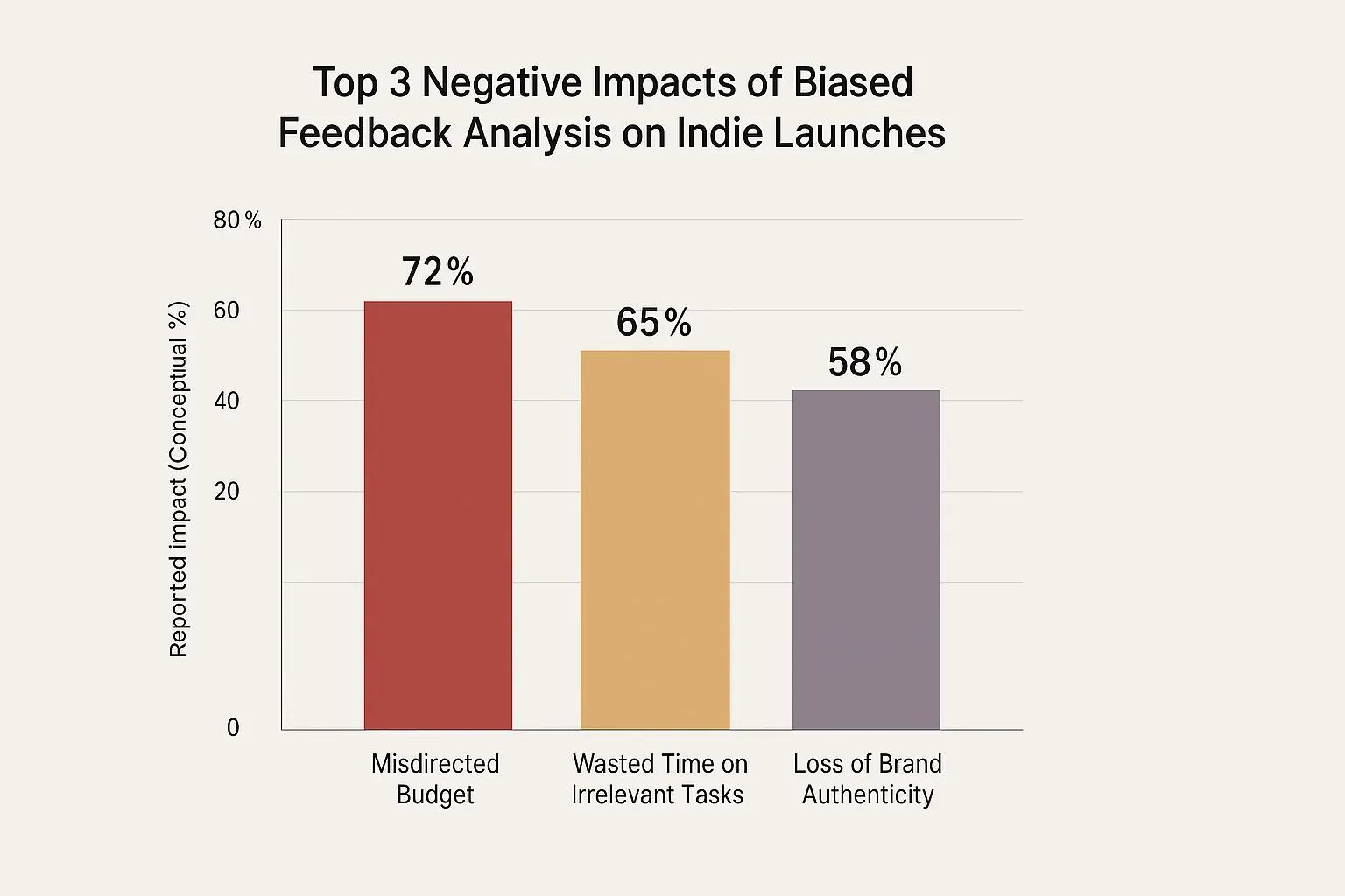 Bar chart: Top 3 fallout impacts for indies from biased advice: Wasted Time, Misdirected Budget, Lost Authenticity.
