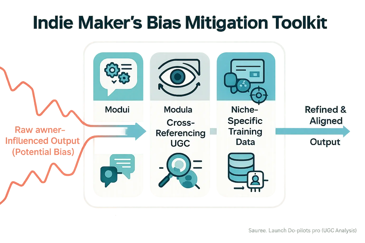 Indie Maker&#x27;s Bias Mitigation Toolkit: Icons for Prompting, Oversight, Niche Data, UGC; balanced scale shows bias correction.