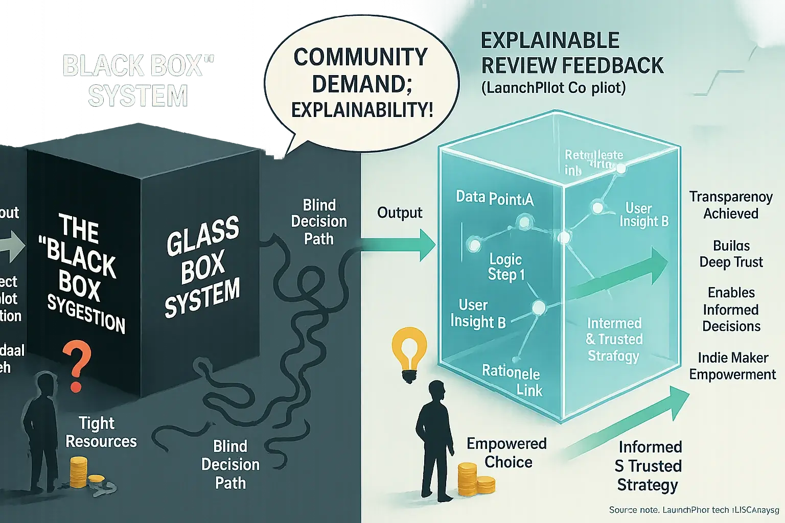 Infographic: Transparent feedback path builds trust, empowering makers, vs. black box. Speech bubble shows community demand.