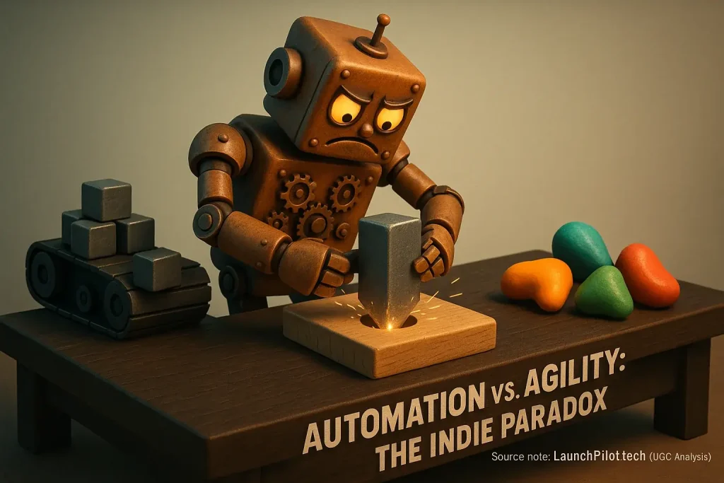 Robot with square peg, round hole, titled 'Automation vs. Agility,' shows how rigid automation stifles indie creativity.